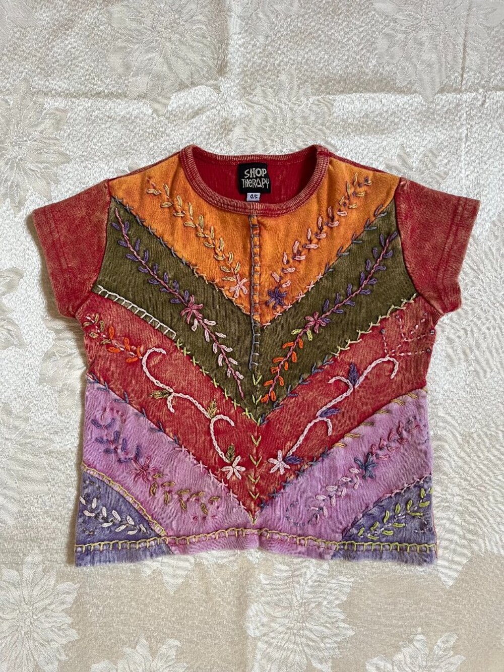 Shop Therapy Multicolored Patchwork Hand Embroidered T-shirt Kids Size 4/5